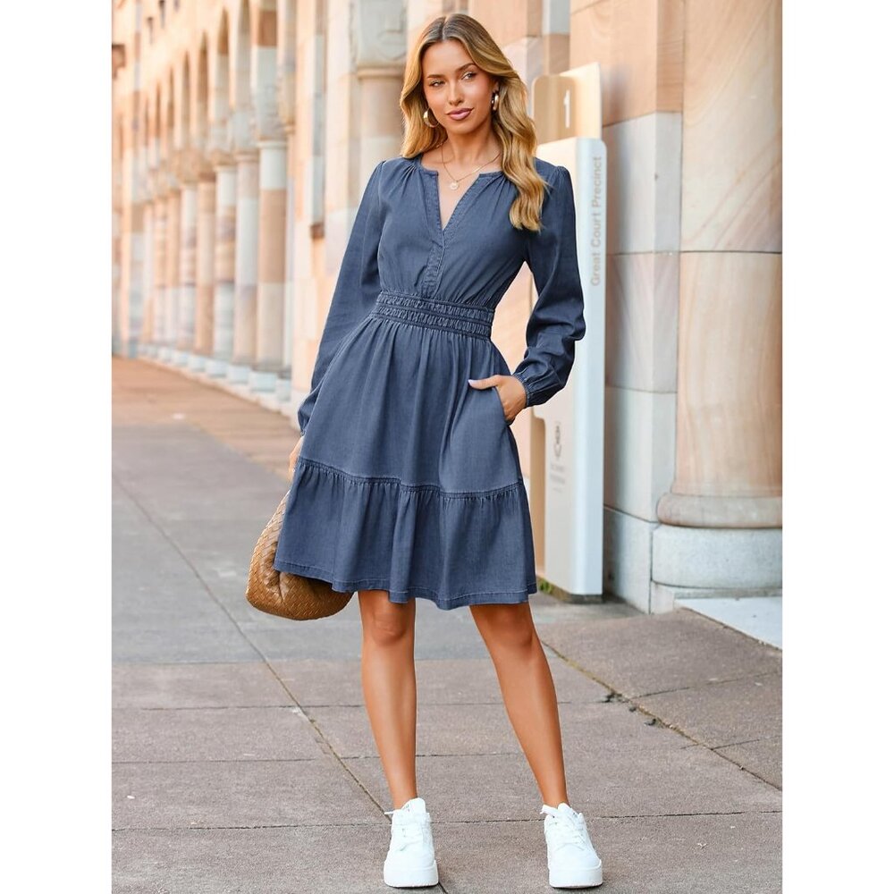 Women's Denim Dress Casual Long Sleeve V Neck Flowy A Line Pockets - Picture 6 of 8